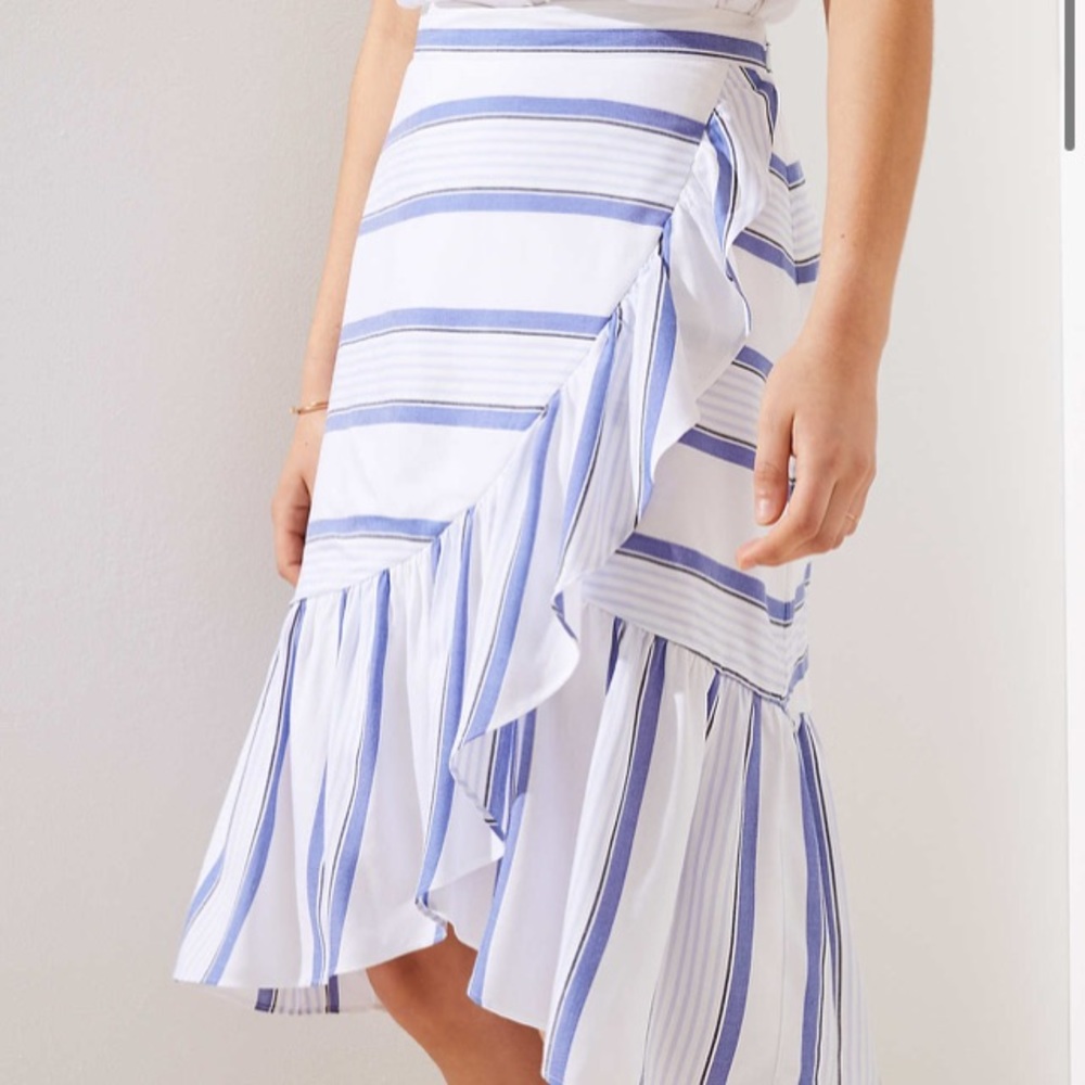 LOFT Striped Ruffle Skirt Cottagecore Spring Faux Wrap Skirt - Picture 1 of 7